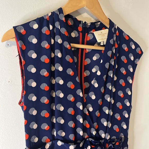 Kate Spade 100% Silk V-Neck Sleeveless Polk Dot Navy Blue Shift Dress Sz 6 - Picture 5 of 7